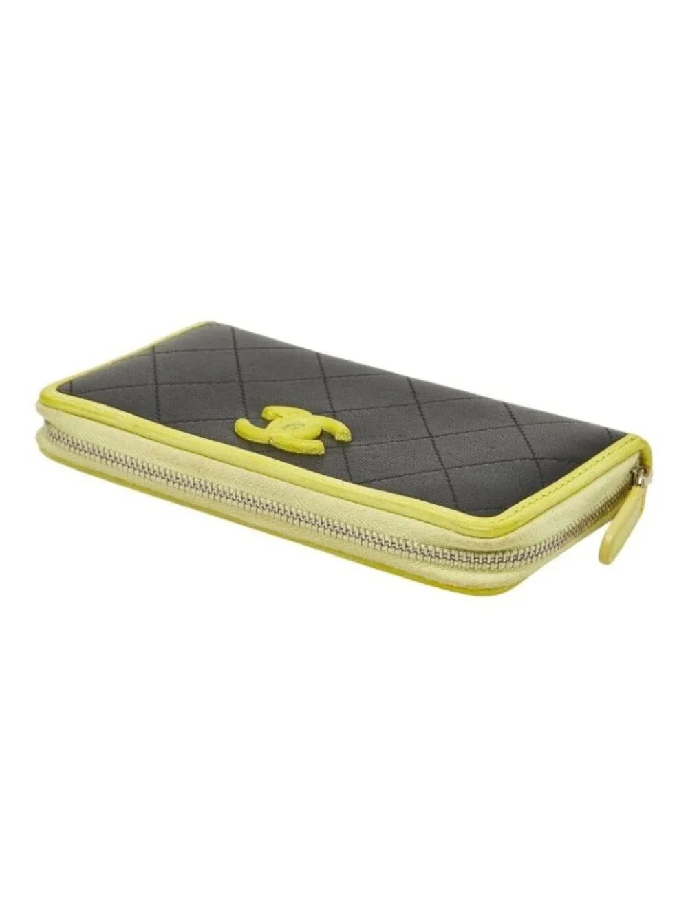 Chanel CC Logo Quilted Zip Around Wallet Black Yellow Leather